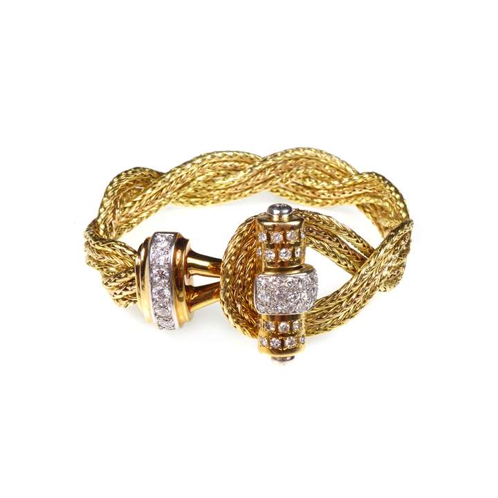 Gold and diamond woven plait bracelet with 'hook and eye' clasp